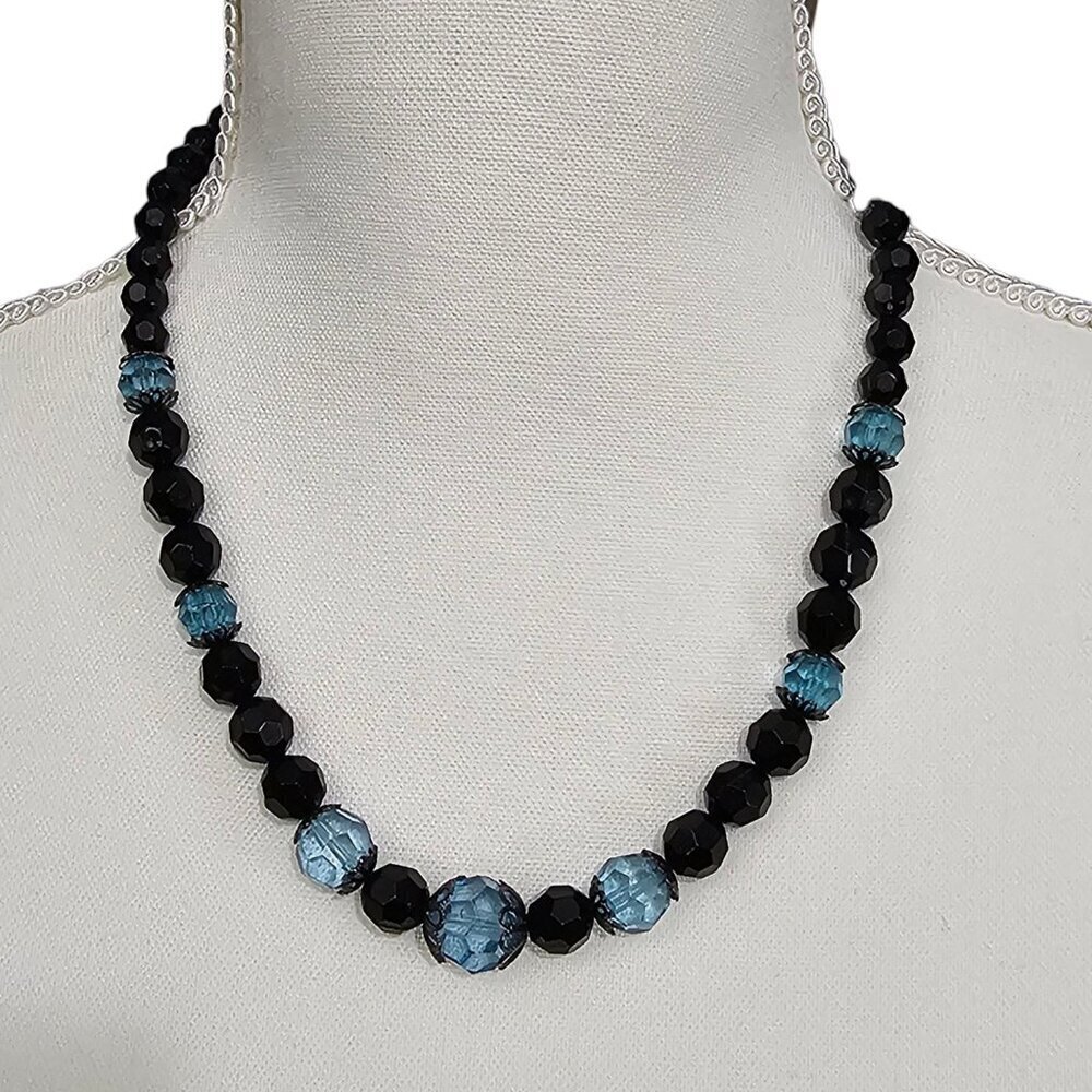 💎1928 Vintage Faceted Round Beaded Art Deco Black And Blue Necklace